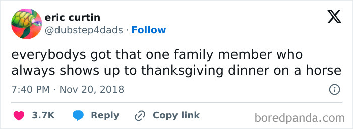 Twitter post by eric curtin about a funny Thanksgiving family member arriving on a horse.