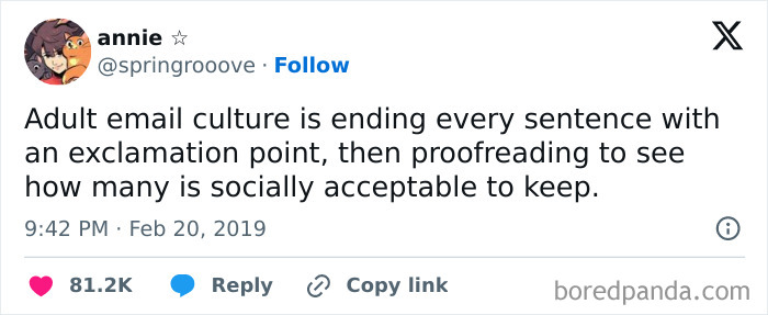 Tweet about adult email culture and exclamation point use, humorously highlighting proofreading practices.