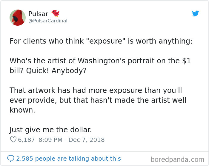 Tweet highlighting a reality check for choosing beggars seeking free work for "exposure" using Washington's portrait as an example.