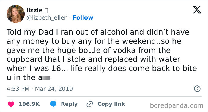 Tweet reads, "Told my Dad I ran out of alcohol..." regarding a vodka prank at 16. Hilarious random tweet with life lesson.