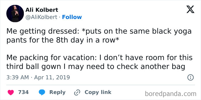 Funny tweet about daily outfit choices compared to vacation packing dilemmas.