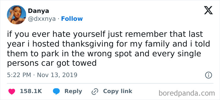 Tweet about a Thanksgiving mishap with cars towed due to parking advice, highlighting a humorous memory.