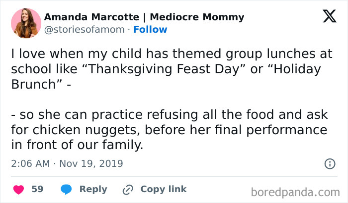 Tweet by Amanda Marcotte humorously discussing Thanksgiving-themed lunches and her child's food preferences.