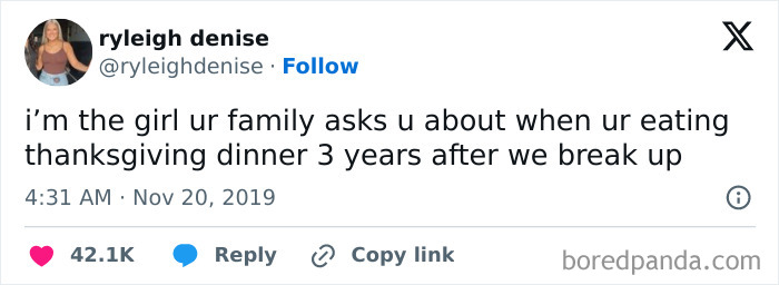 Tweet about being asked about an ex-girlfriend during Thanksgiving dinner; fits the hilarious Thanksgiving tweets theme.