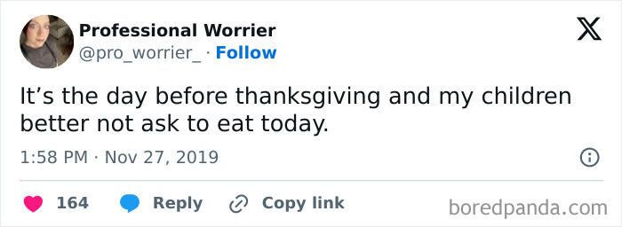 Tweet humor about Thanksgiving, kids not allowed to eat before the big meal.