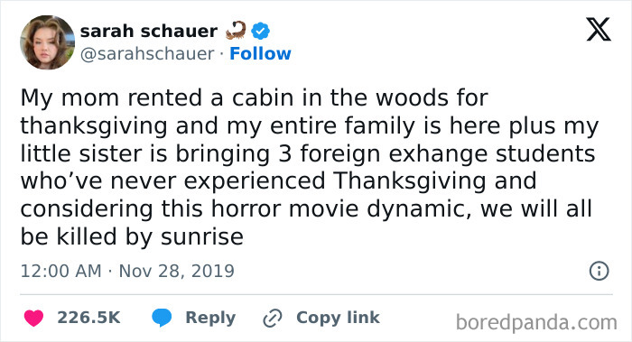 Hilarious Thanksgiving tweet about renting a cabin with family and foreign students, joking about a horror movie dynamic.