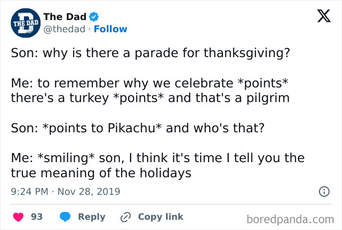 A funny tweet about Thanksgiving, featuring a dad explaining holiday traditions to a curious son.