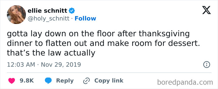Screenshot of a funny Thanksgiving tweet about lying down after dinner to make room for dessert.