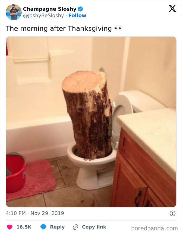 A large tree stump humorously placed in a toilet, representing hilarious Thanksgiving tweets.