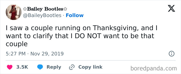 Tweet about avoiding running on Thanksgiving, adding a comedic twist.