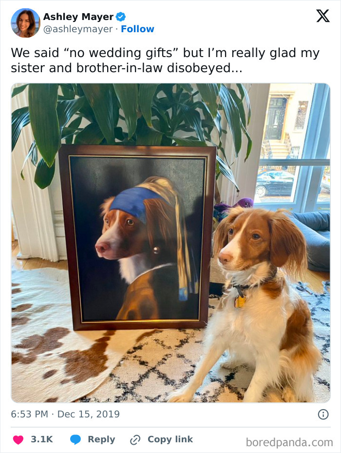 Dog sits beside a painting of itself wearing a headscarf, a funny gift from in-laws.