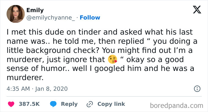 A funny tweet about a Tinder conversation and a surprising background check discovery, highlighting hilarious random tweets.