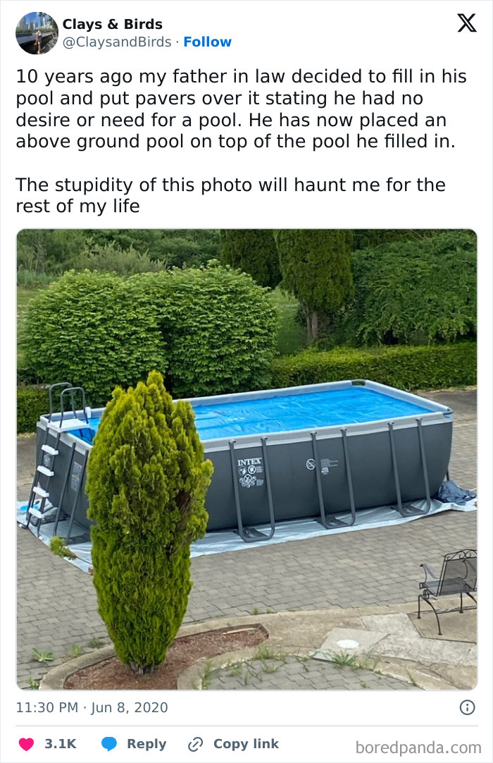 Above-ground pool on patio with humorous backstory involving in-laws.