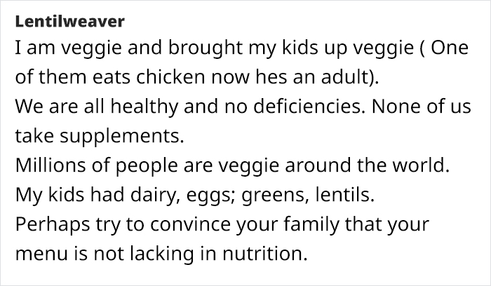 Text from a vegetarian mom sharing experiences raising kids on a veggie diet, discussing health and nutrition strategies.