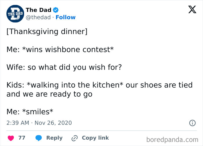 A funny Thanksgiving tweet about a wishbone contest and kids ready to go.