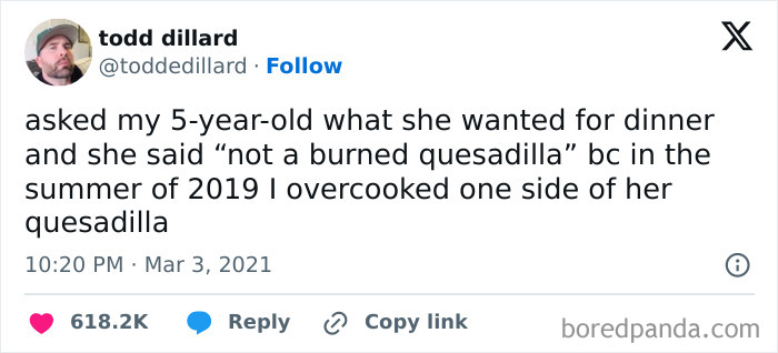 Tweet about a child's funny dinner request showing their spot-on memory from 2019.