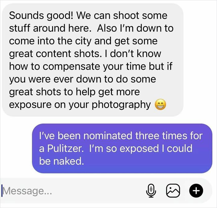 Text exchange showcasing a photographer receiving a reality check from a potential client, embodying the 'choosing beggars' theme.