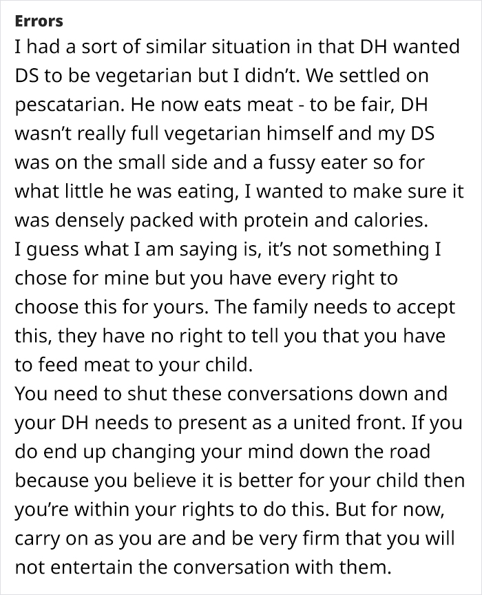 Text screenshot discussing a parent's experience with vegetarian choices for their child.