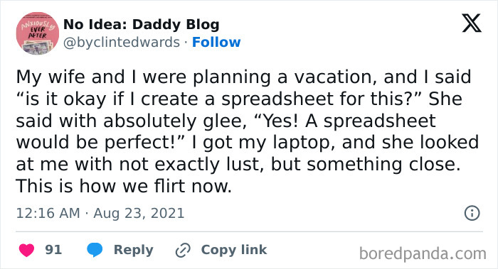 Tweet about a couple's hilarious flirting over vacation planning and spreadsheets.