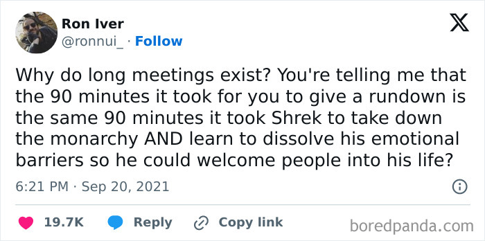 Meme about long meetings compared to Shrek's 90-minute journey, relatable for those above 30.