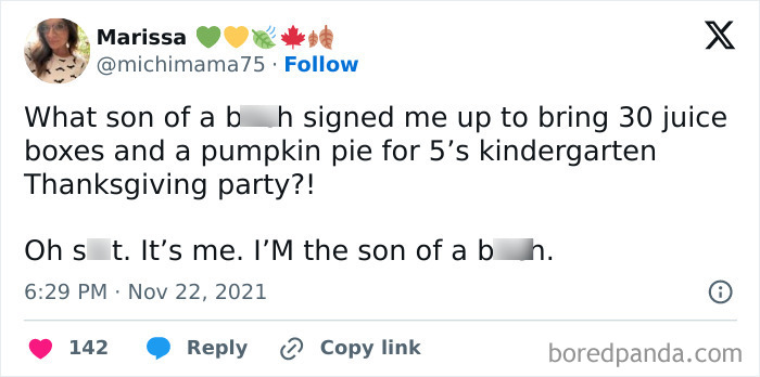 A funny Thanksgiving tweet about realizing a school party arrangement mistake.