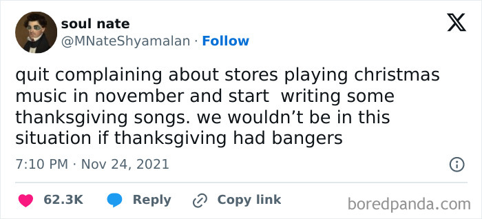 Tweet joking about writing Thanksgiving songs to prevent early Christmas music. Hilarious Thanksgiving tweet.