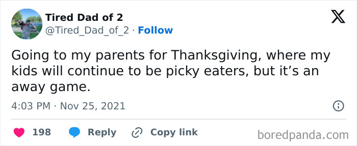 Tweet about Thanksgiving and picky eater kids making it an "away game."