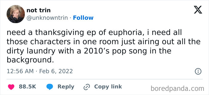 Tweet about a Thanksgiving-themed episode of Euphoria, featuring hilarious 2010s pop music backdrop.