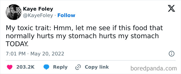 Tweet about a relatable toxic trait with humorous insight on food choices.