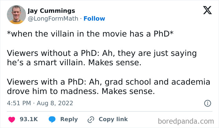 Screenshot of a tweet humorously discussing perceptions of movie villains with a PhD.