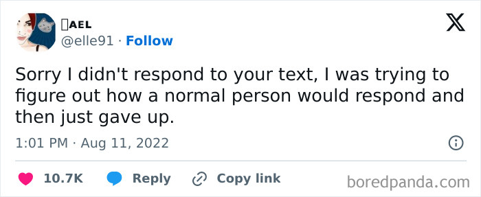 Screenshot of a tweet humorously describing difficulty in texting like a normal person.