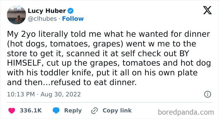 Tweet about a 2yo deciding on dinner, scanning groceries, and refusing to eat; part of 76 hilarious tweets collection.