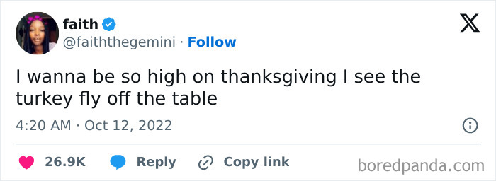 Screenshot of a funny Thanksgiving tweet imagining a turkey flying off the table.