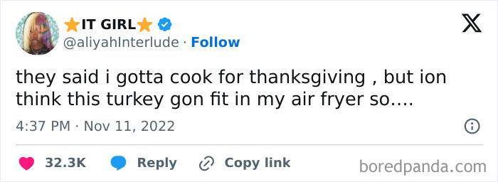 Tweet humorously questions fitting a Thanksgiving turkey in an air fryer.