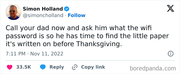 Tweet with a humorous Thanksgiving joke about asking dad for the WiFi password before the holiday.