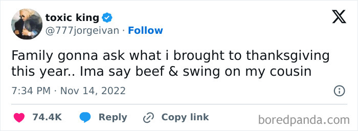 Tweet about Thanksgiving beef and family humor with over 74K likes.