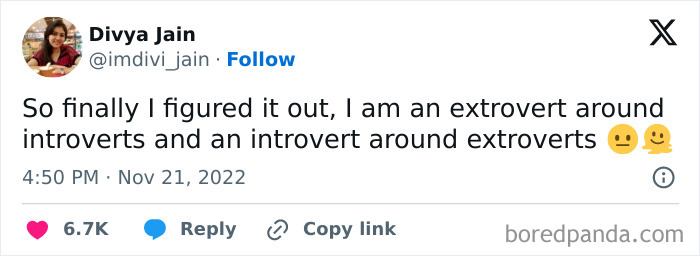 Screenshot of a funny tweet about being an extrovert around introverts and vice versa, with likes and comments shown.