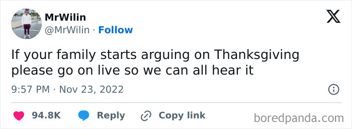 Tweet joking about Thanksgiving family arguments going live for entertainment.