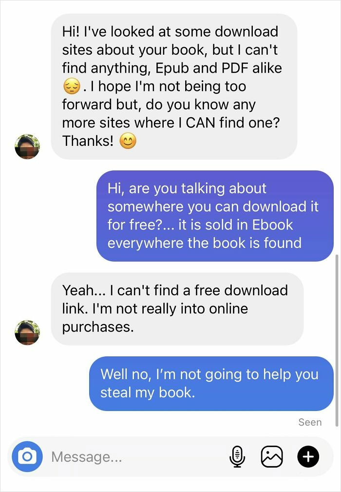 Text exchange highlighting a "choosing beggar" seeking a free book download and receiving a firm refusal.