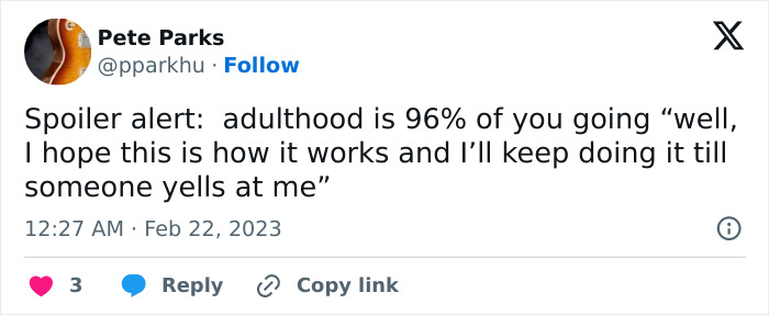 Tweet about adulthood humorously describing adult life uncertainty.