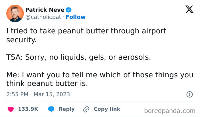 Tweet humorously questioning TSA's classification of peanut butter, highlighted as a random tweet too hilarious not to share.