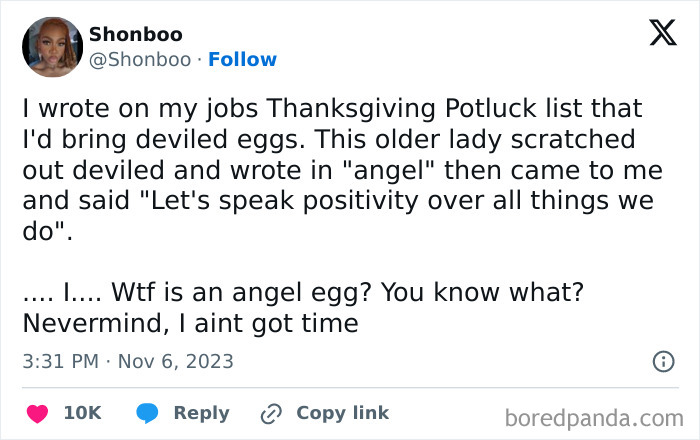 Tweet about a funny Thanksgiving potluck mishap involving "angel" eggs, highlighting a humorous twist on deviled eggs.