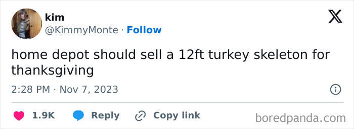 Tweet by Kim suggesting Home Depot sell a 12ft turkey skeleton for Thanksgiving.