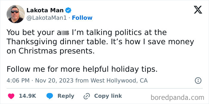 Tweet about discussing politics at Thanksgiving dinner to save on Christmas gifts.