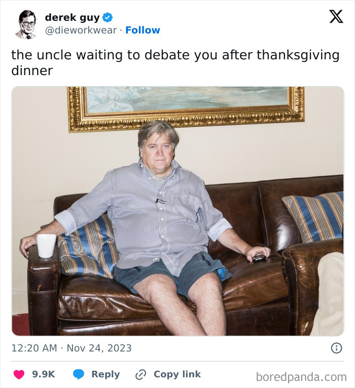 Man on a couch with remote control and coffee, showcasing a humorous Thanksgiving tweet.