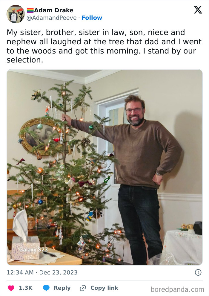 Man proudly poses by a sparse Christmas tree, embodying hilarious in-laws' festive humor.