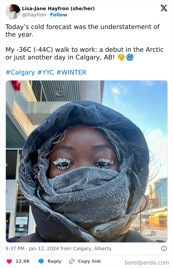 Person bundled in winter gear with frost-covered eyelashes during an ice-cold winter day in Calgary.