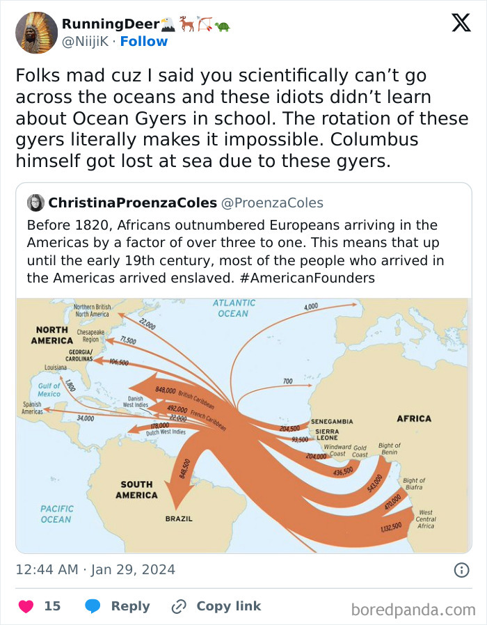 Overly confident person claims ocean crossings are impossible due to gyres, showing a historical map of Atlantic slave trade routes.