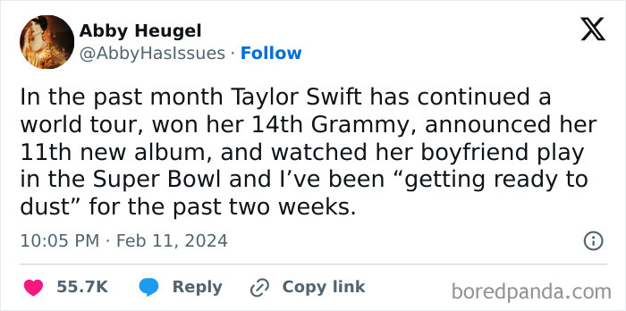 Tweet meme humorously contrasting Taylor Swift's achievements with everyday struggles; relatable for those above 30.