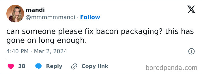 Tweet joking about bacon packaging issues with a humorous touch on being spot-on.